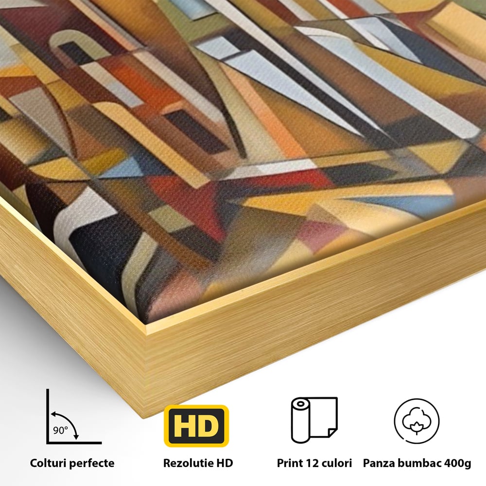 Detaliu al suprafetei: tablou abstract cu peisaj urban, in rama de aluminiu auriu