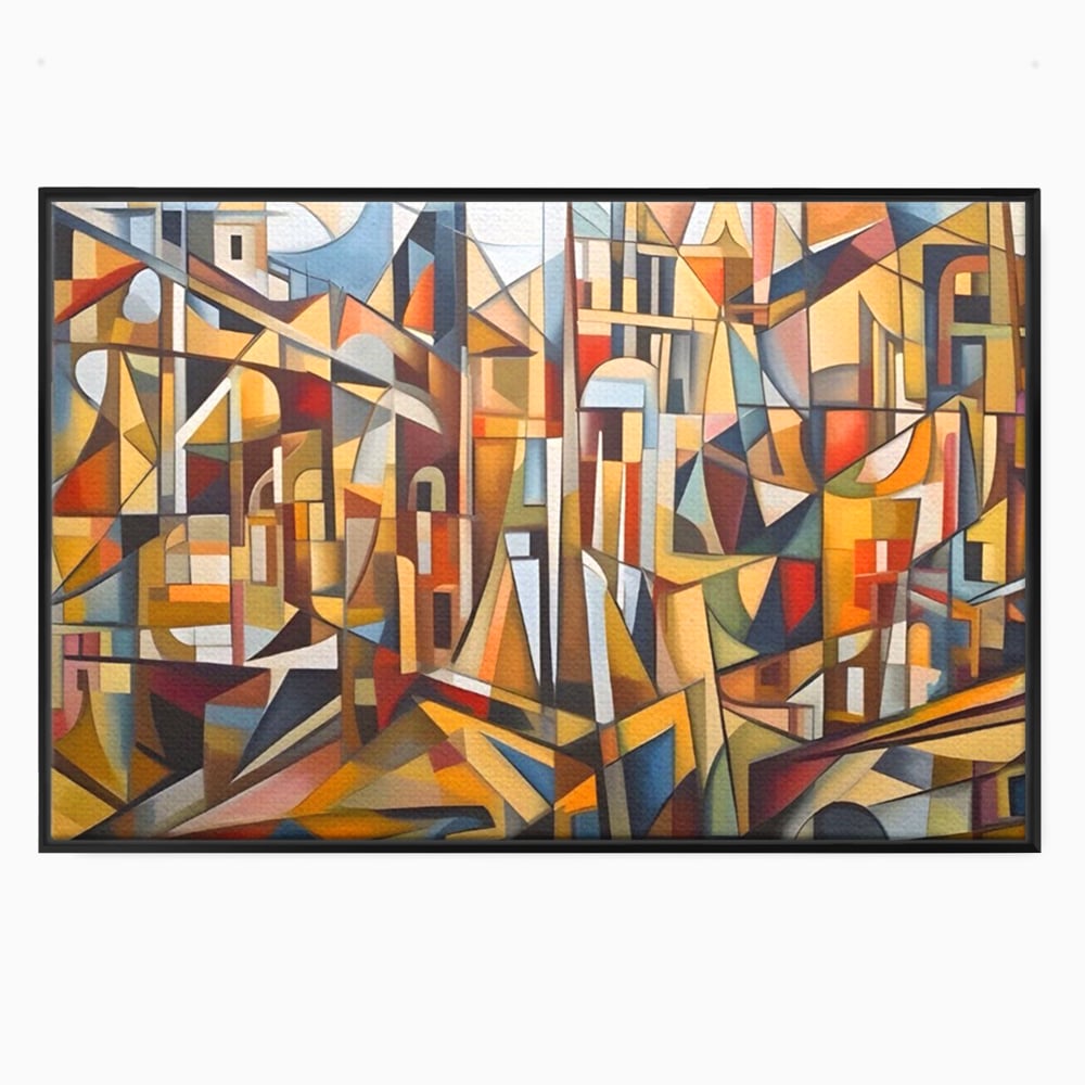 Tablou canvas cu tablou abstract cu peisaj urban, in rama de aluminiu negru