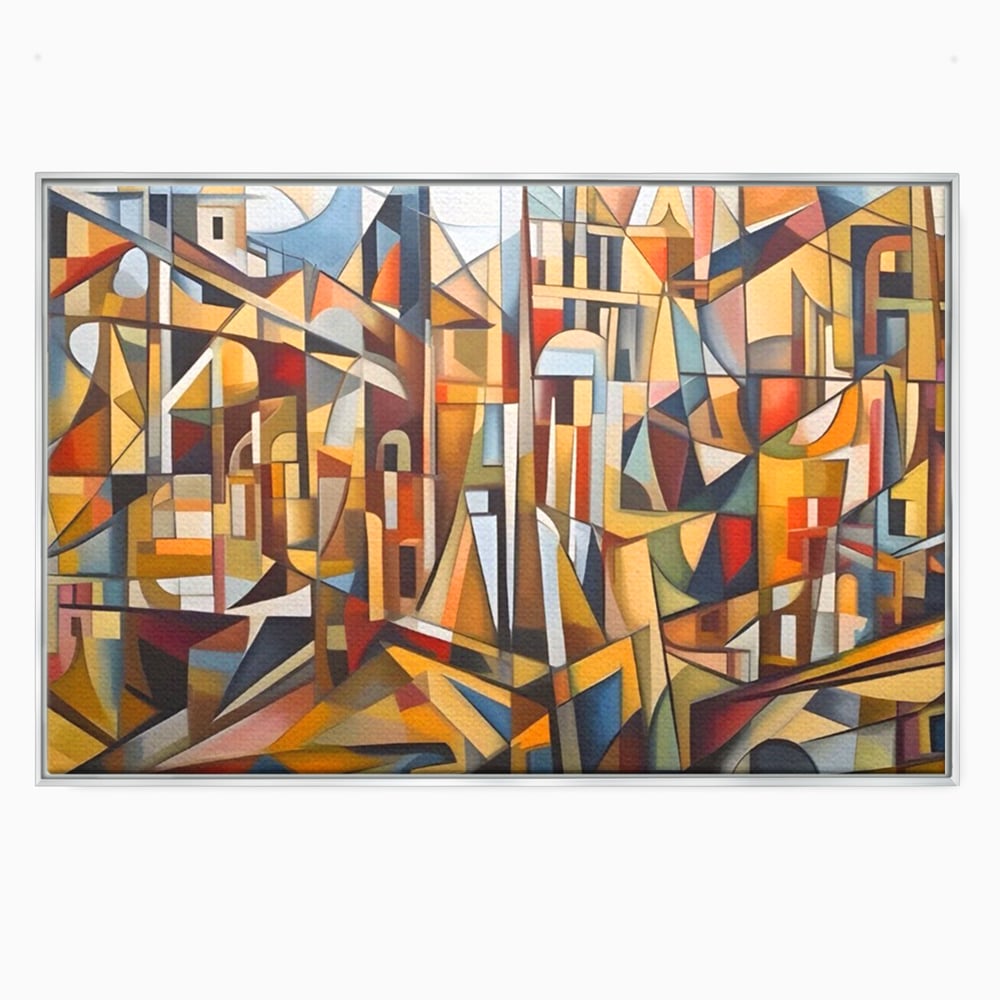 Tablou canvas cu tablou abstract cu peisaj urban, in rama de aluminiu argintiu