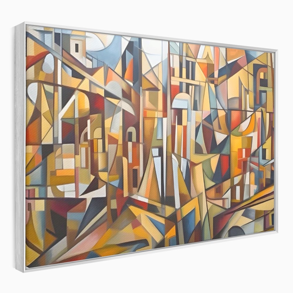 Tablou canvas cu tablou abstract cu peisaj urban, in rama de aluminiu argintiu