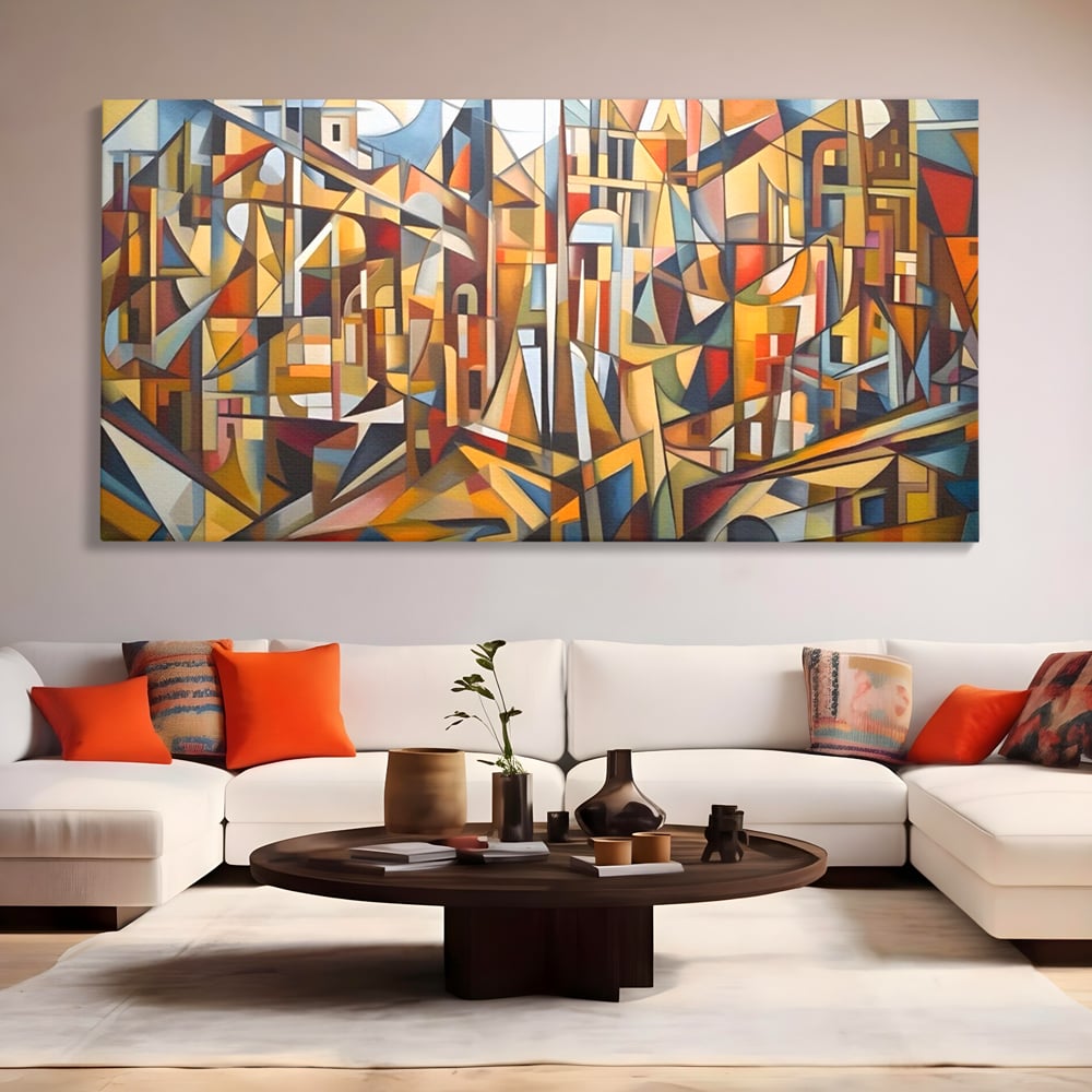 Tablou canvas cu tablou abstract cu peisaj urban, fara rama, pe sasiu de lemn, pe perete intr-un living