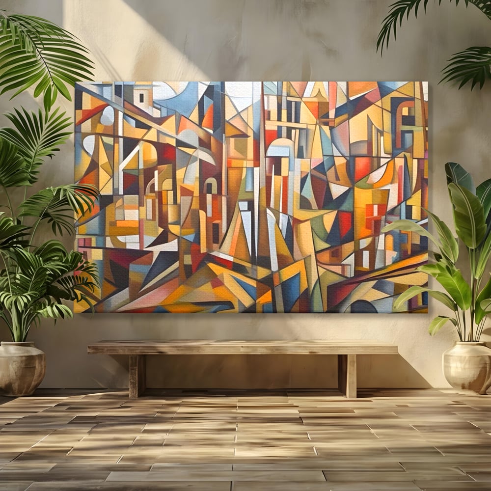 Tablou canvas cu tablou abstract cu peisaj urban, fara rama, pe sasiu de lemn