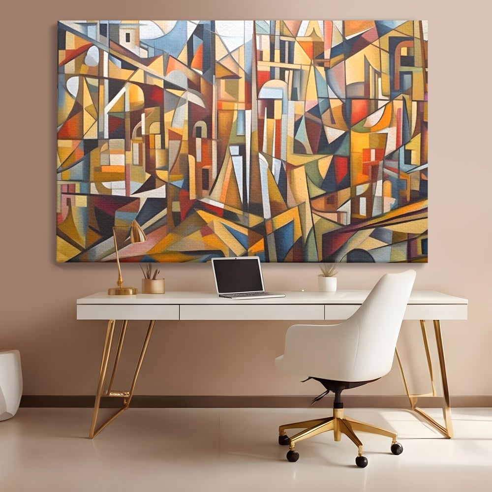 Tablou canvas cu tablou abstract cu peisaj urban, fara rama, pe sasiu de lemn, pe perete intr-un birou