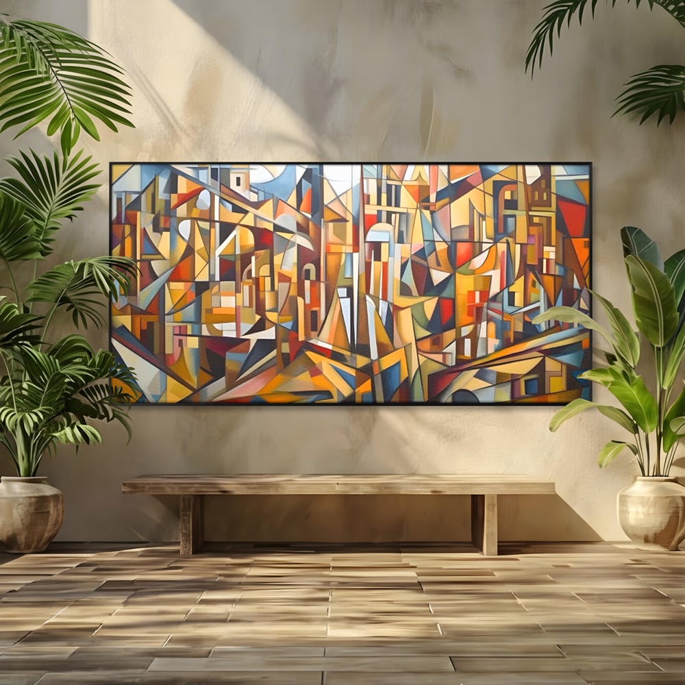 Tablou canvas cu tablou abstract cu peisaj urban, in rama de aluminiu negru