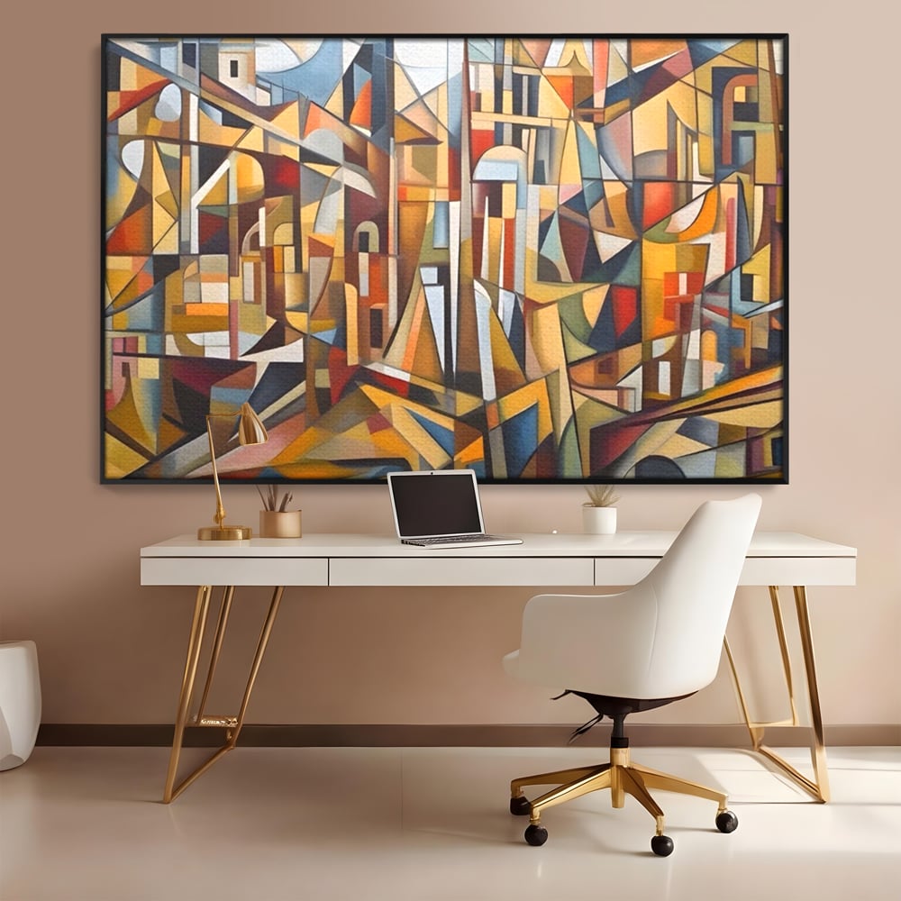 Tablou canvas cu tablou abstract cu peisaj urban, in rama de aluminiu negru, pe perete intr-un birou