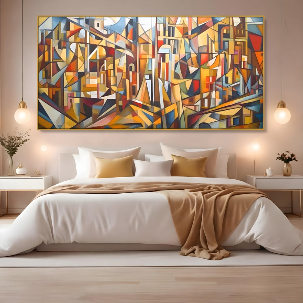 Tablou canvas cu tablou abstract cu peisaj urban, in rama de aluminiu auriu, pe perete intr-un dormitor