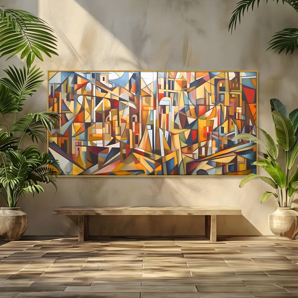 Tablou canvas cu tablou abstract cu peisaj urban, in rama de aluminiu auriu