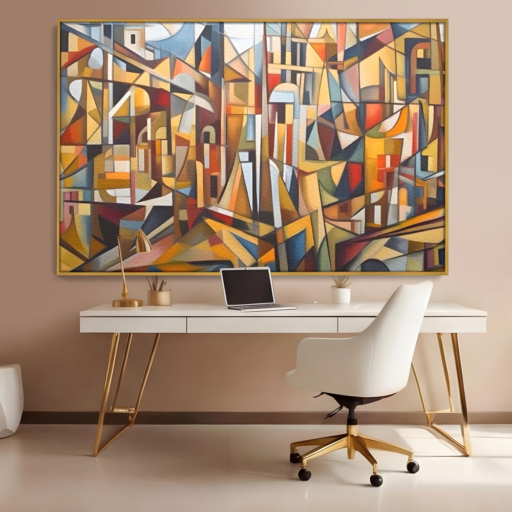 Tablou canvas cu tablou abstract cu peisaj urban, in rama de aluminiu auriu, pe perete intr-un birou