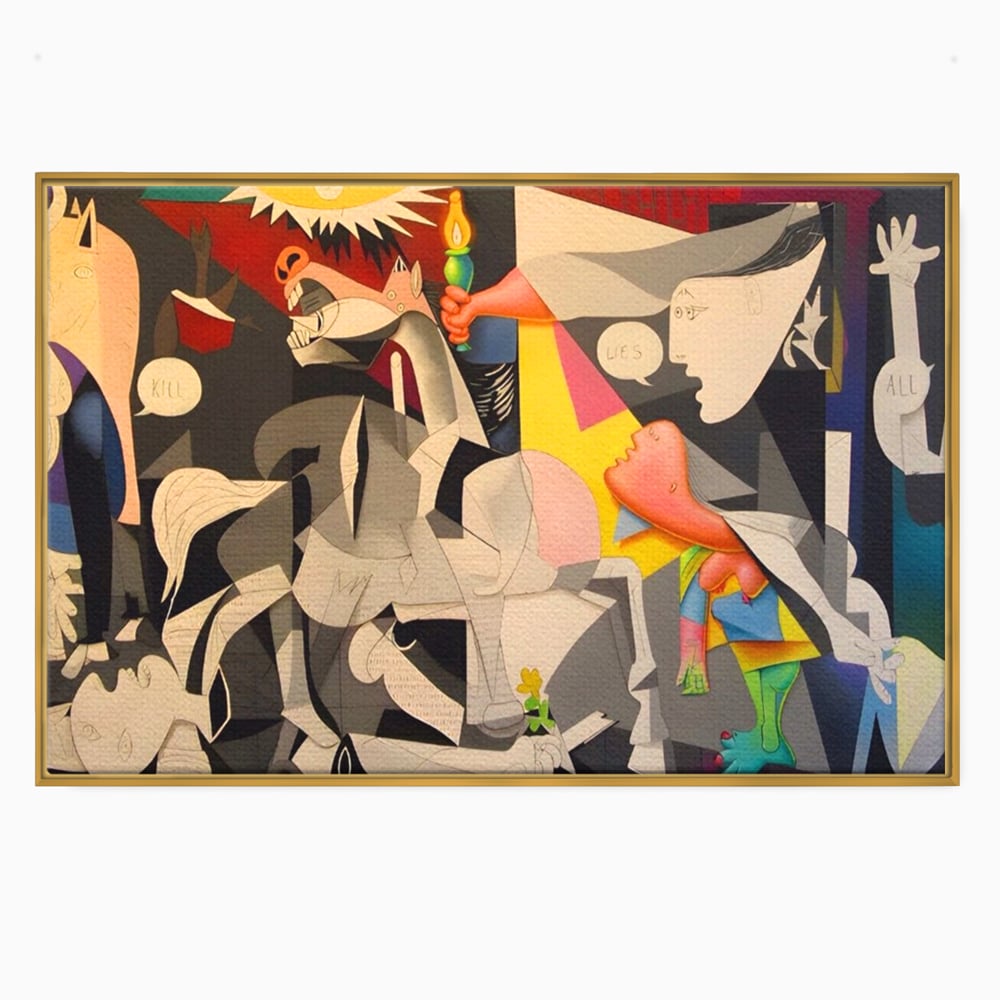 Tablou canvas cu tablou canvas cu reinterpretare dupa guernica, in rama de aluminiu auriu