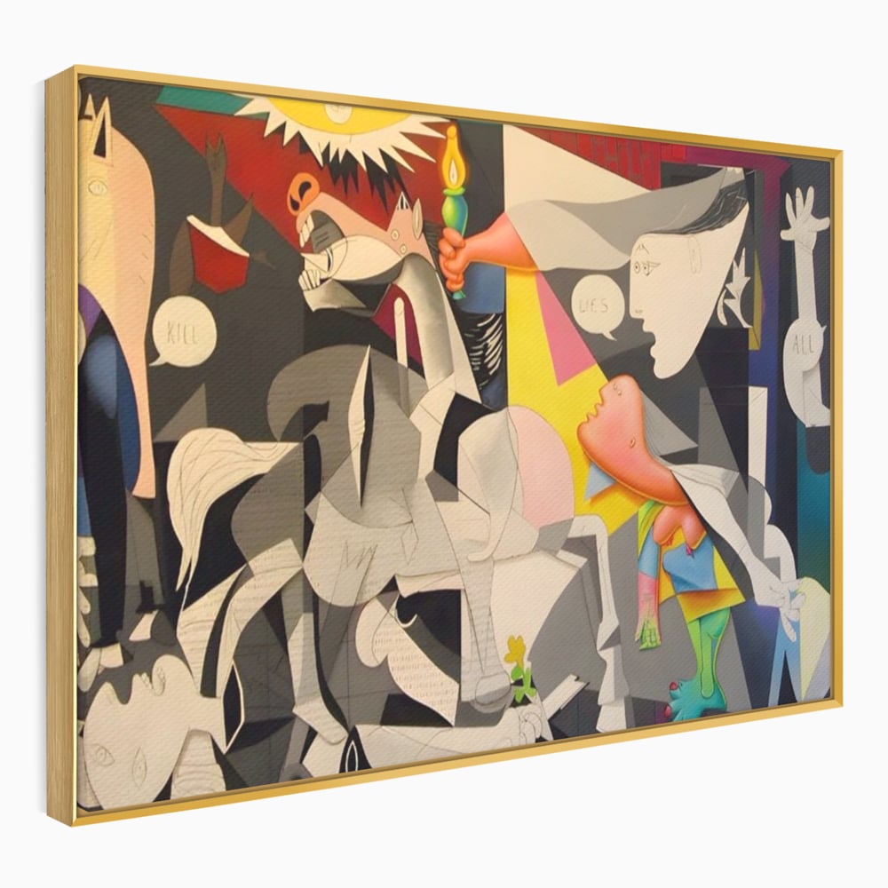 Tablou canvas cu tablou canvas cu reinterpretare dupa guernica, in rama de aluminiu auriu