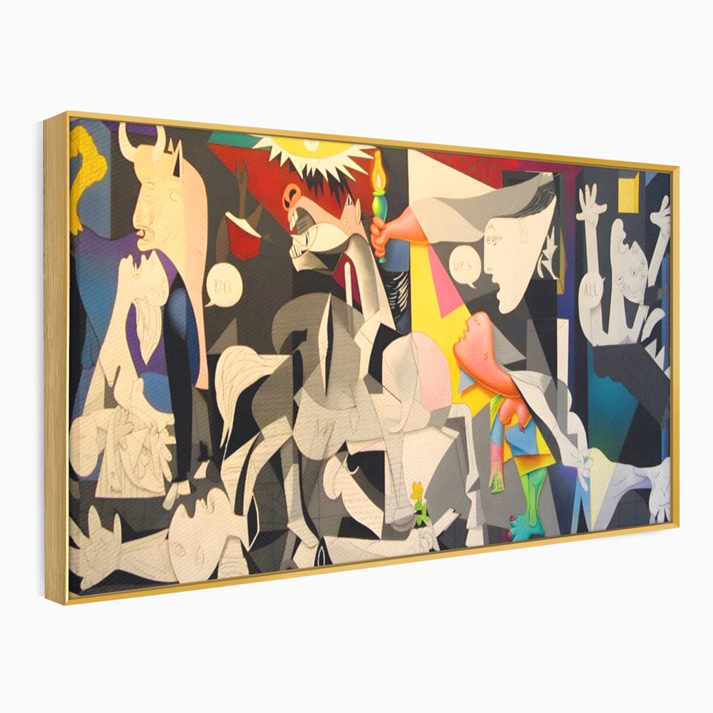 Tablou canvas cu tablou canvas cu reinterpretare dupa guernica, in rama de aluminiu auriu
