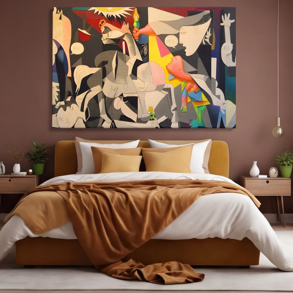 Tablou canvas cu tablou canvas cu reinterpretare dupa guernica, fara rama, pe sasiu de lemn, pe perete intr-un dormitor