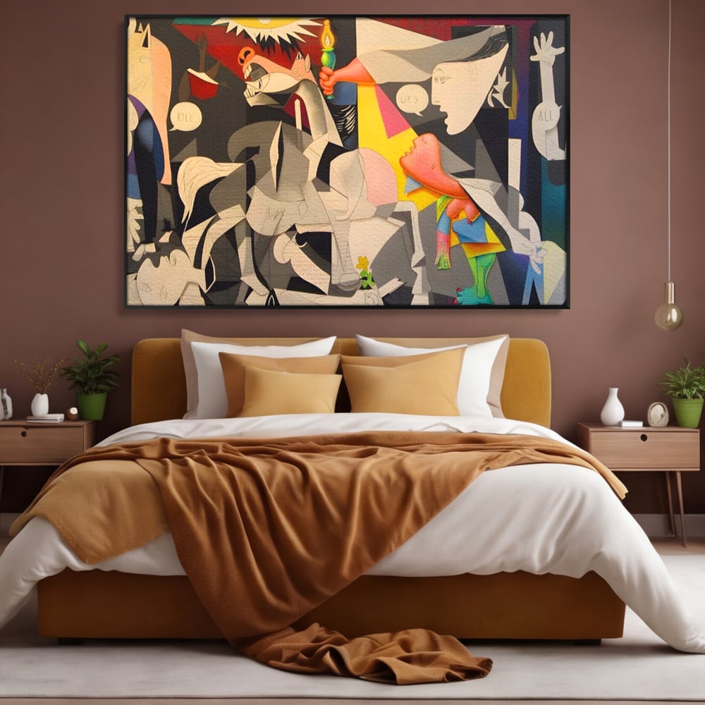 Tablou canvas cu tablou canvas cu reinterpretare dupa guernica, in rama de aluminiu negru, pe perete intr-un dormitor