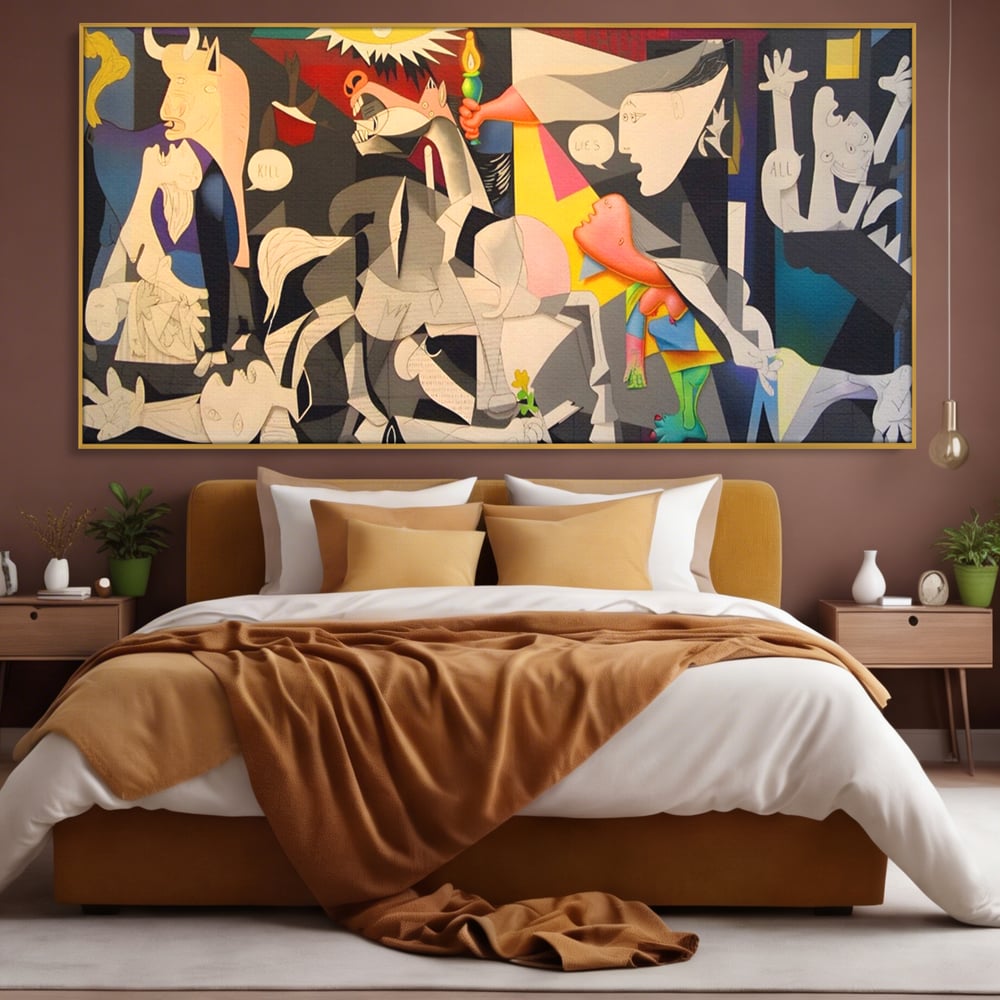 Tablou canvas cu tablou canvas cu reinterpretare dupa guernica, in rama de aluminiu auriu, pe perete intr-un dormitor