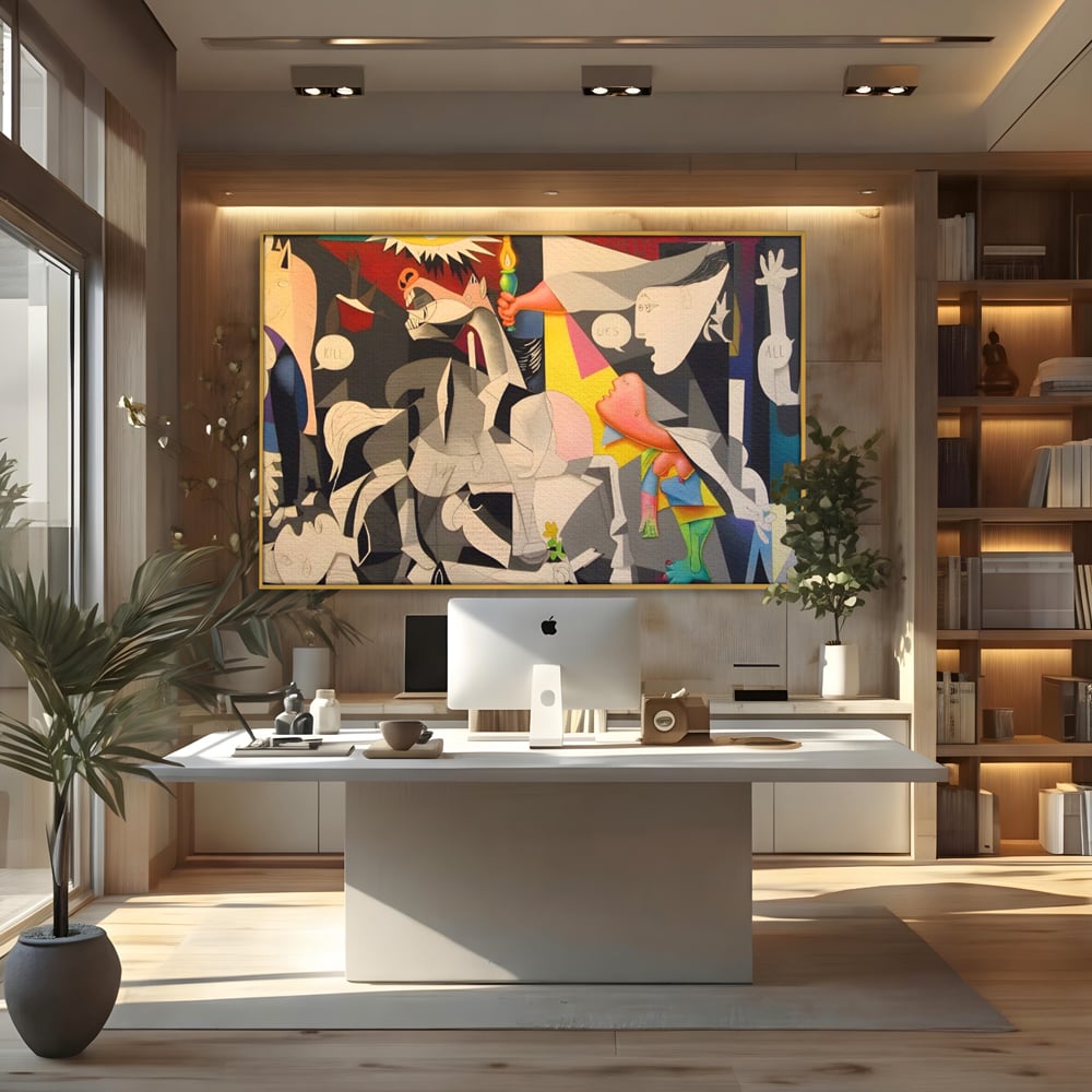 Tablou canvas cu tablou canvas cu reinterpretare dupa guernica, in rama de aluminiu auriu, pe perete intr-un birou
