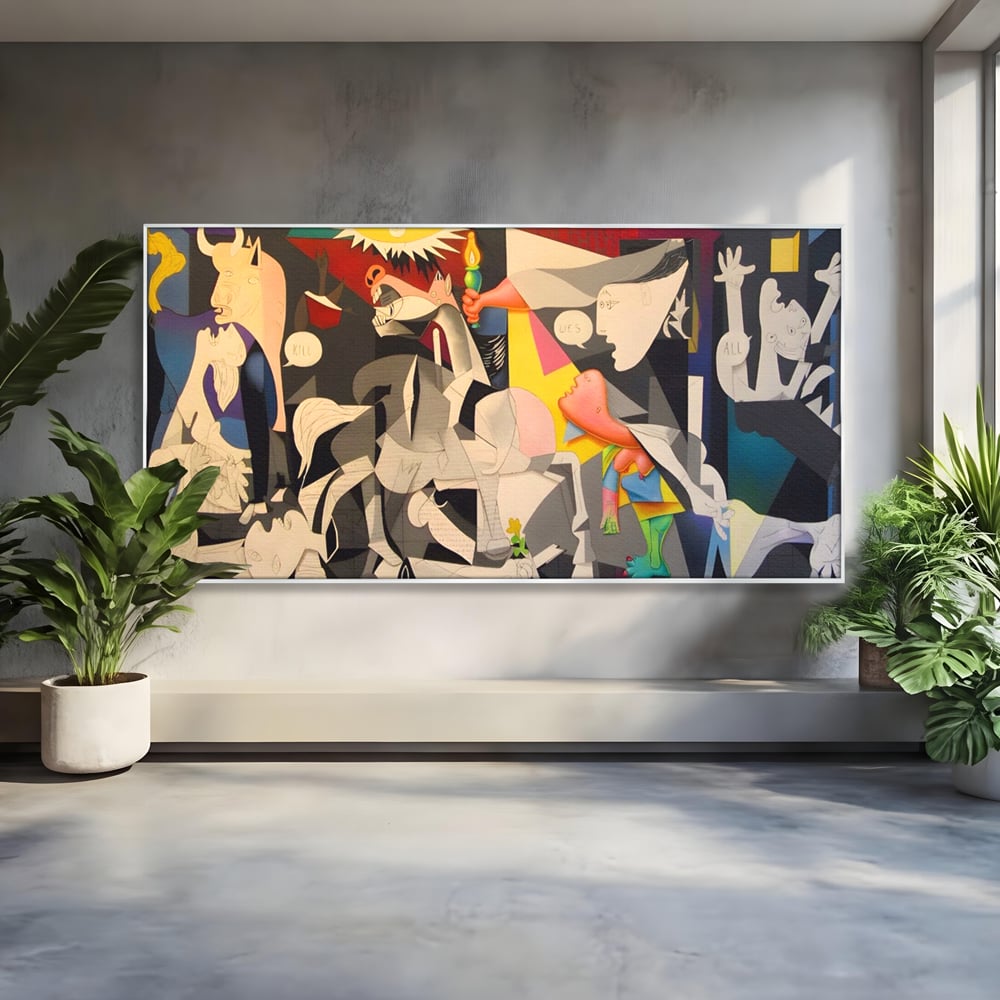 Tablou canvas cu tablou canvas cu reinterpretare dupa guernica, in rama de aluminiu argintiu