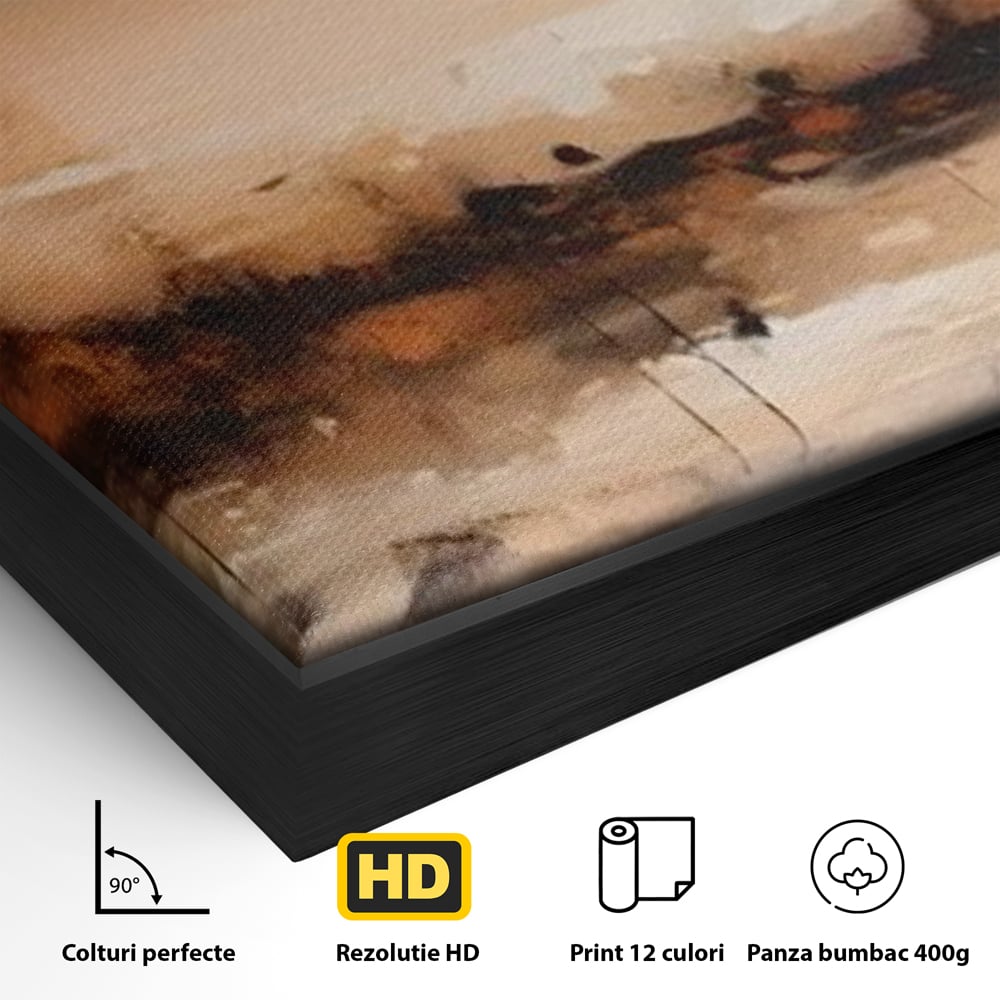 Detaliu al suprafetei: peisaj abstract orizontal in nuante de aramiu, in rama de aluminiu negru
