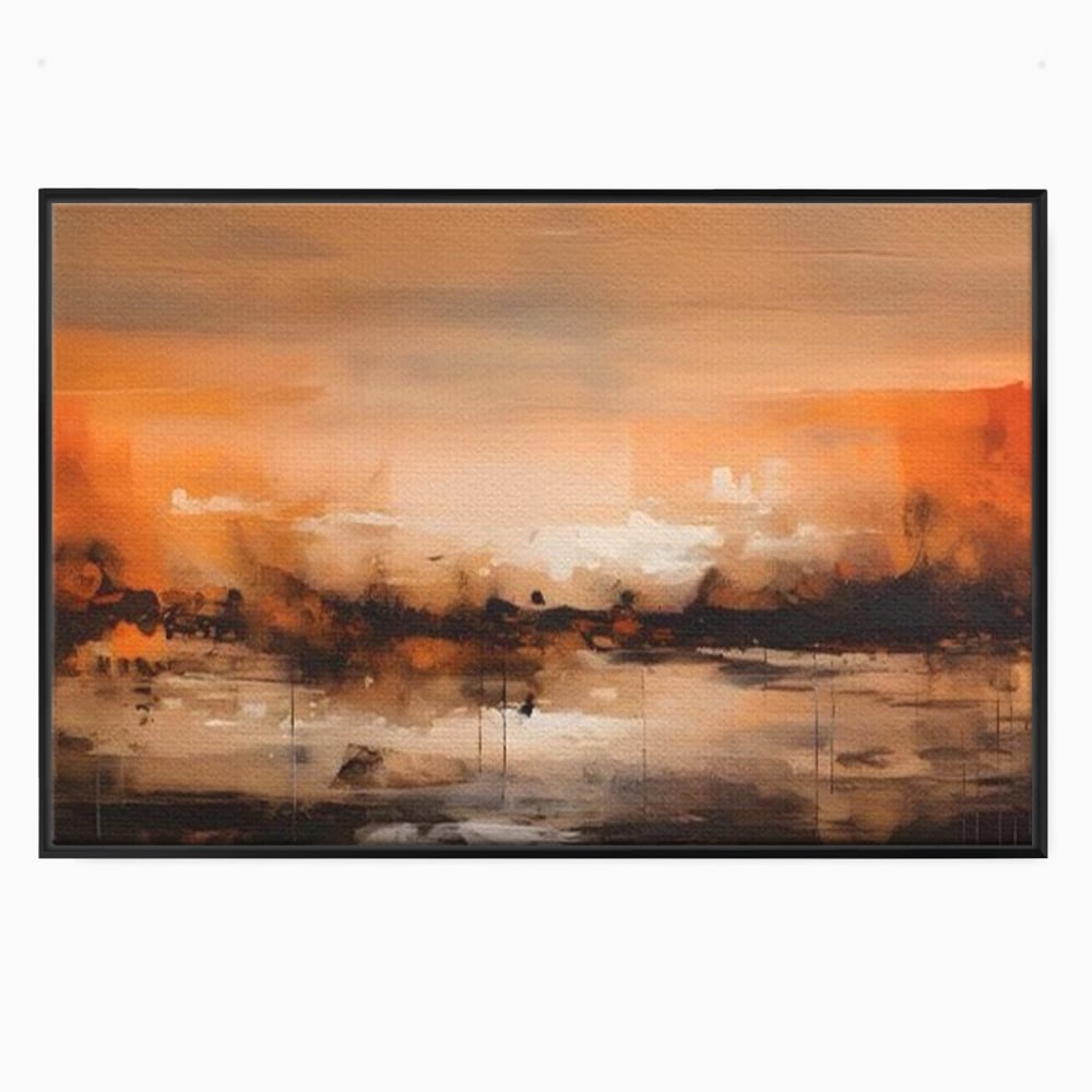 Tablou canvas cu peisaj abstract orizontal in nuante de aramiu, in rama de aluminiu negru