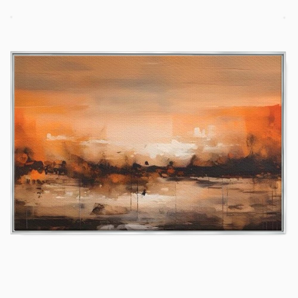 Tablou canvas cu peisaj abstract orizontal in nuante de aramiu, in rama de aluminiu argintiu