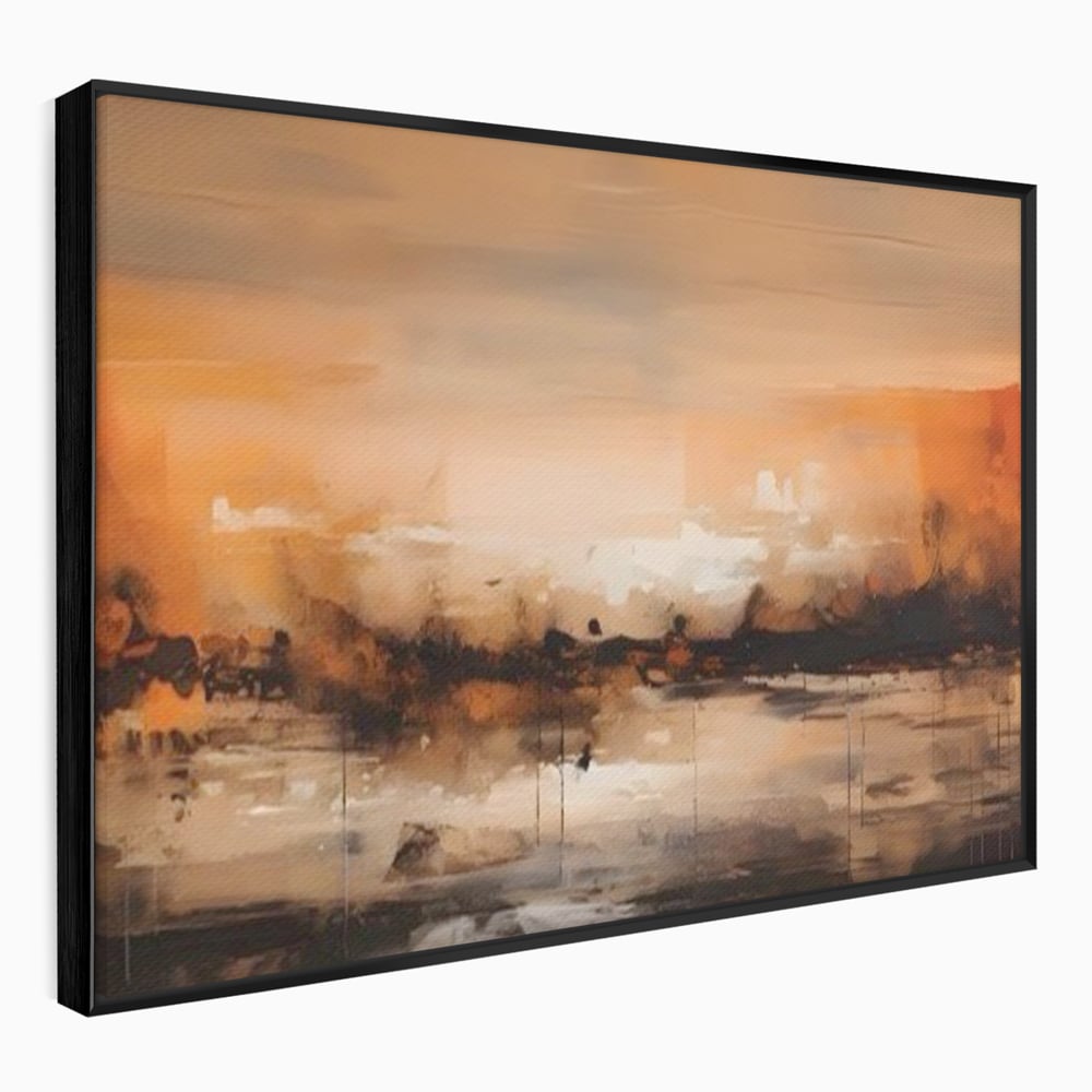 Tablou canvas cu peisaj abstract orizontal in nuante de aramiu, in rama de aluminiu negru