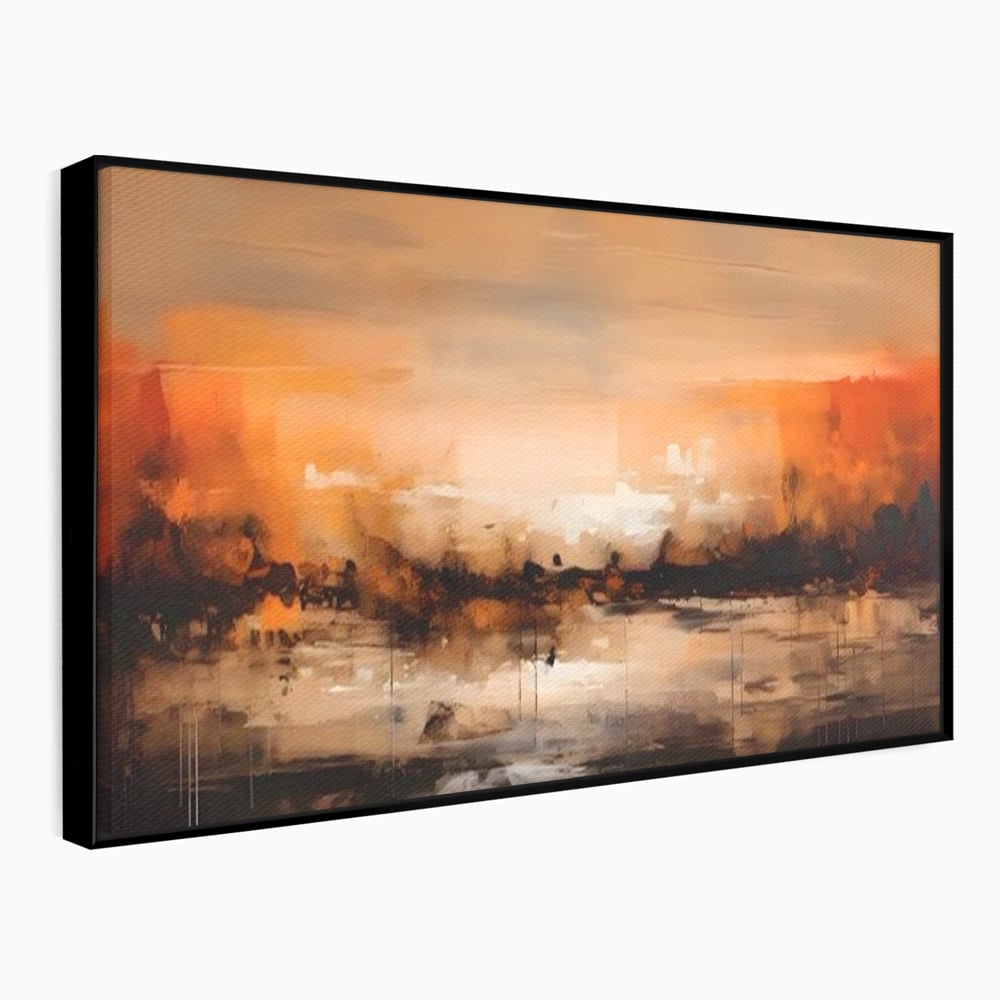 Tablou canvas cu peisaj abstract orizontal in nuante de aramiu, in rama de aluminiu negru