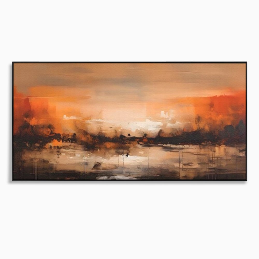 Tablou canvas cu peisaj abstract orizontal in nuante de aramiu, in rama de aluminiu negru