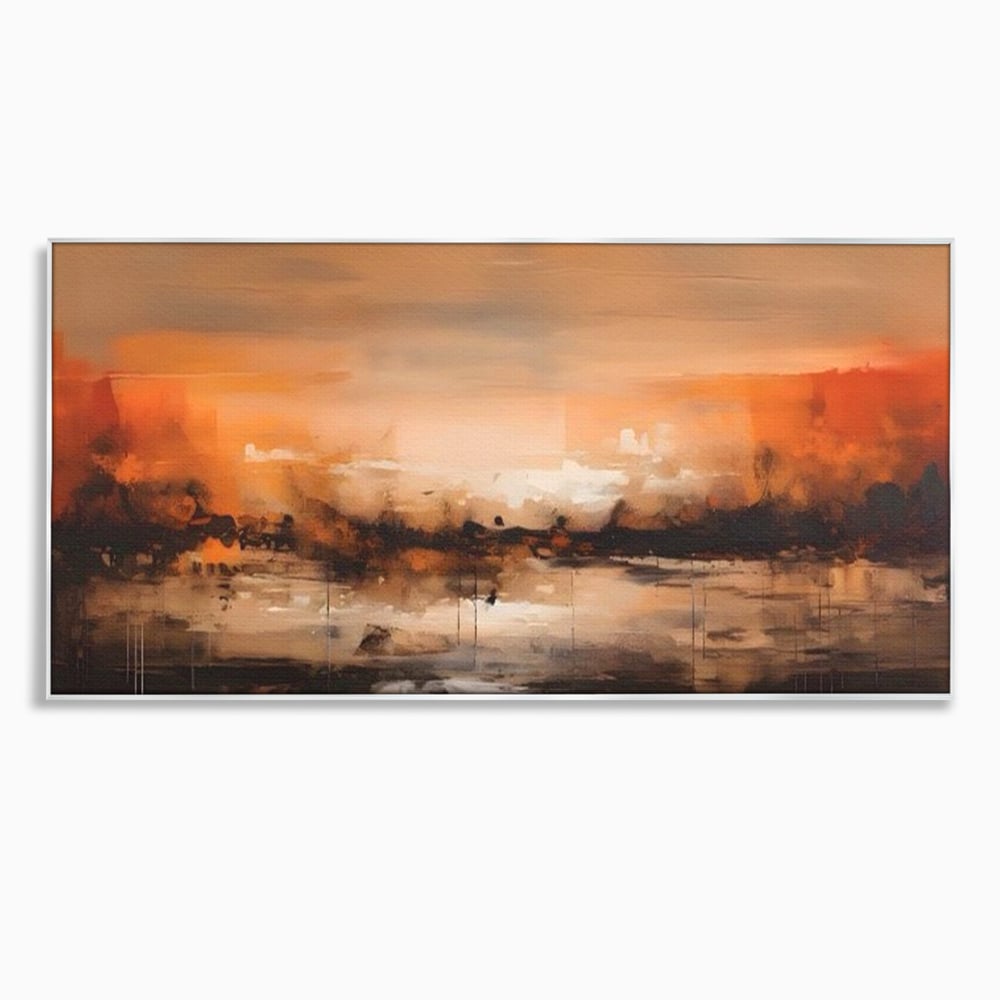 Tablou canvas cu peisaj abstract orizontal in nuante de aramiu, in rama de aluminiu argintiu