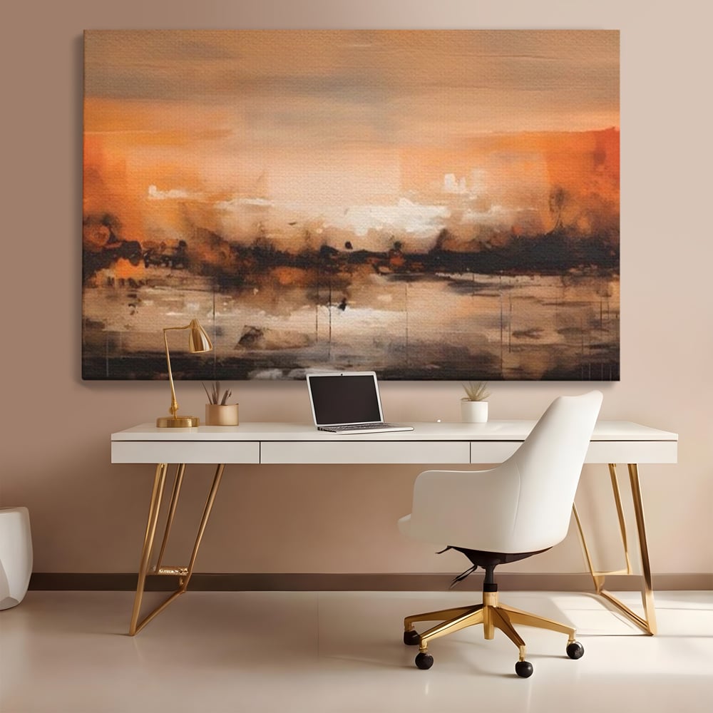 Tablou canvas cu peisaj abstract orizontal in nuante de aramiu, fara rama, pe sasiu de lemn, pe perete intr-un birou