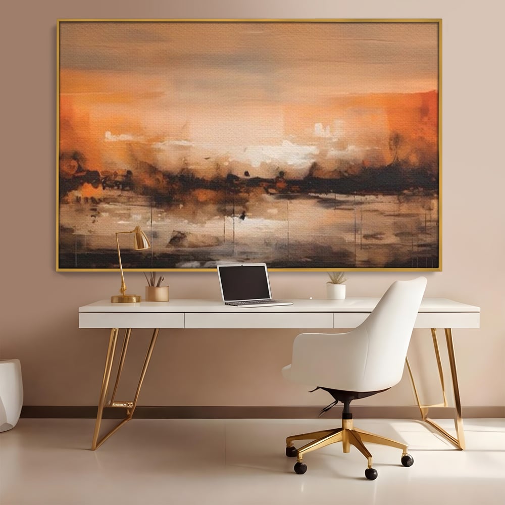 Tablou canvas cu peisaj abstract orizontal in nuante de aramiu, in rama de aluminiu auriu, pe perete intr-un birou