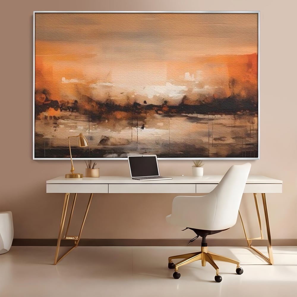 Tablou canvas cu peisaj abstract orizontal in nuante de aramiu, in rama de aluminiu argintiu, pe perete intr-un birou