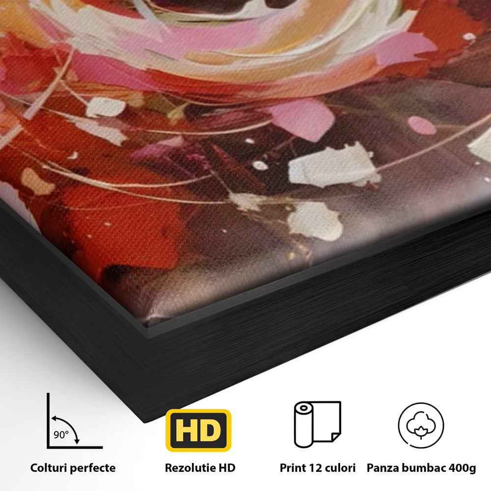 Detaliu al suprafetei: tablou canvas cu floare abstracta si culori vibrante, in rama de aluminiu negru