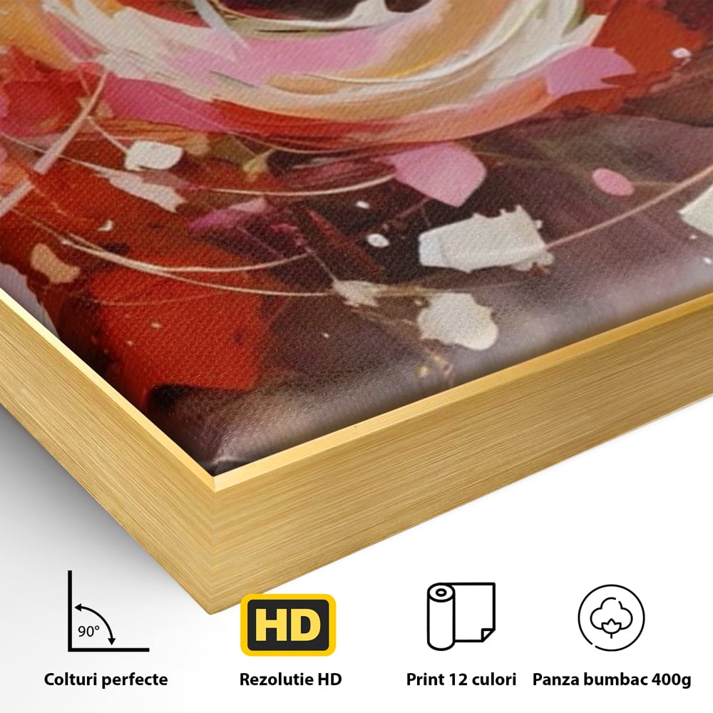 Detaliu al suprafetei: tablou canvas cu floare abstracta si culori vibrante, in rama de aluminiu auriu