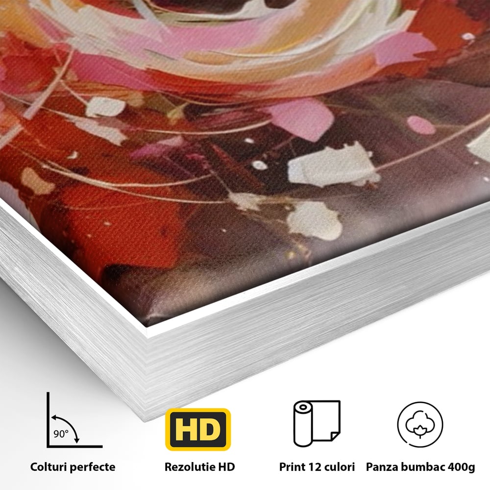 Detaliu al suprafetei: tablou canvas cu floare abstracta si culori vibrante, in rama de aluminiu argintiu