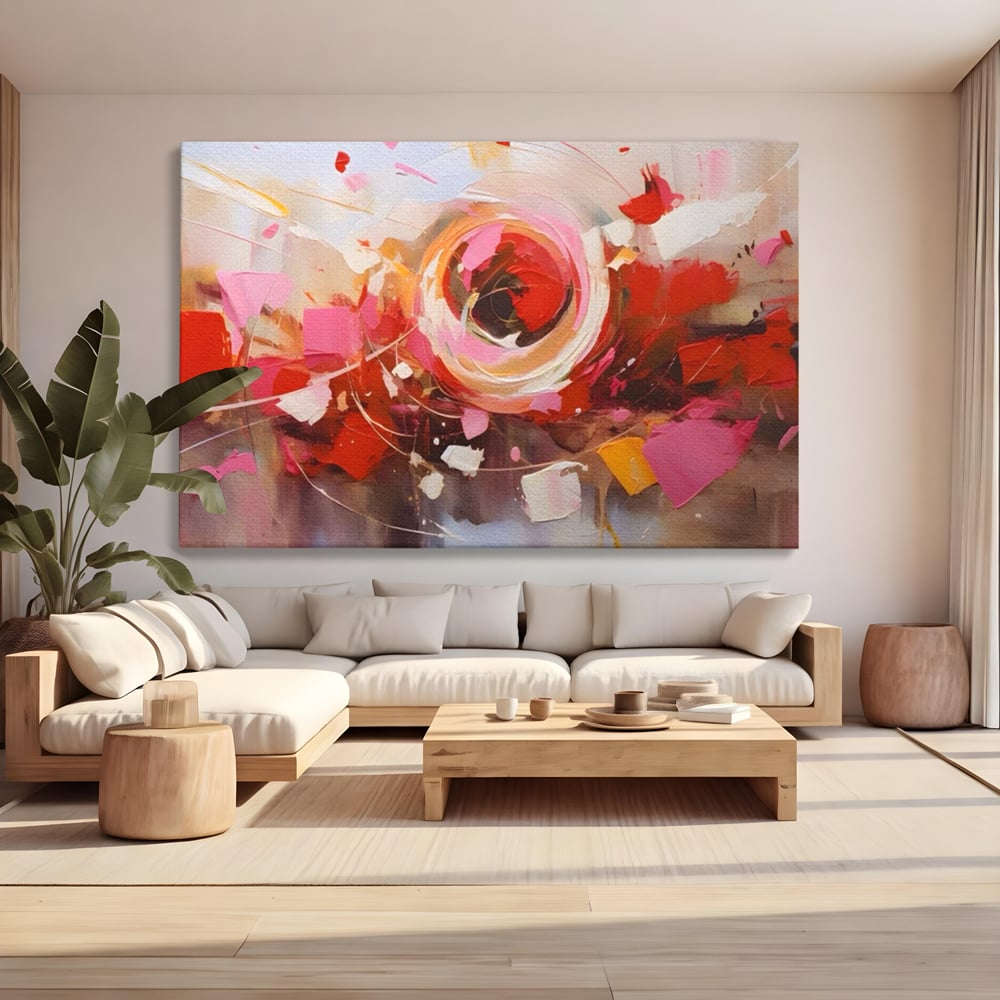 Tablou canvas cu tablou canvas cu floare abstracta si culori vibrante, fara rama, pe sasiu de lemn, pe perete intr-un living