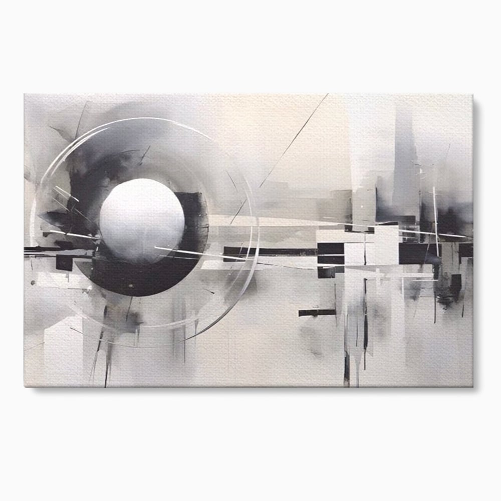 Tablou canvas cu pictura abstracta cu sfera si cercuri, fara rama, pe sasiu de lemn