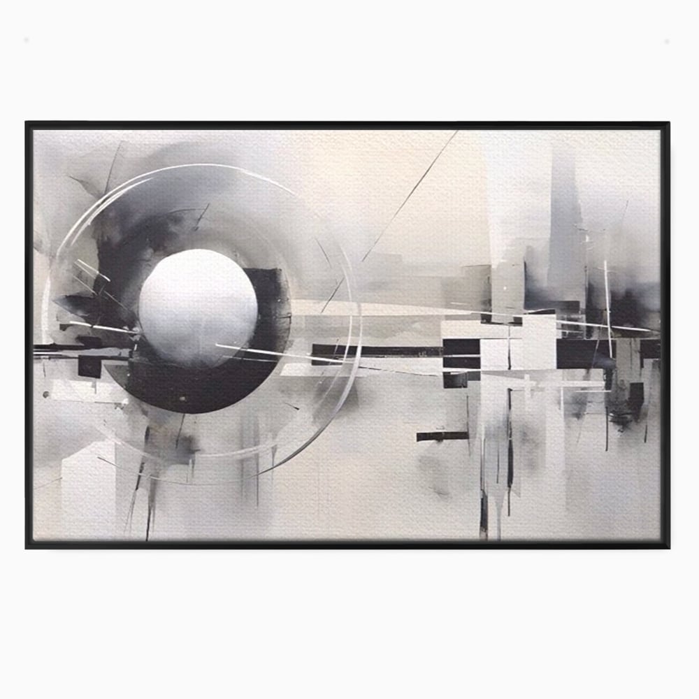 Tablou canvas cu pictura abstracta cu sfera si cercuri, in rama de aluminiu negru