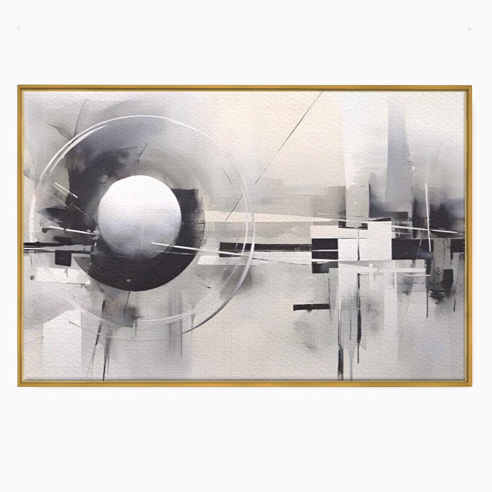 Tablou canvas cu pictura abstracta cu sfera si cercuri, in rama de aluminiu auriu