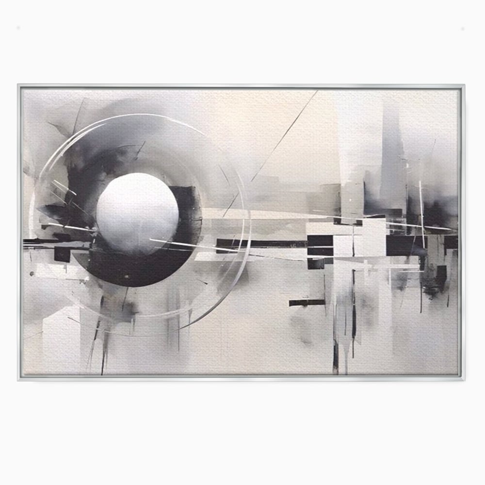 Tablou canvas cu pictura abstracta cu sfera si cercuri, in rama de aluminiu argintiu