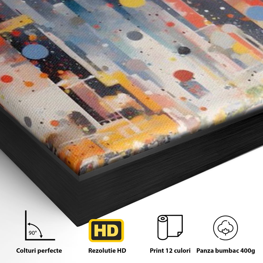 Detaliu al suprafetei: pictura abstracta cu peisaj urban nocturn, in rama de aluminiu negru