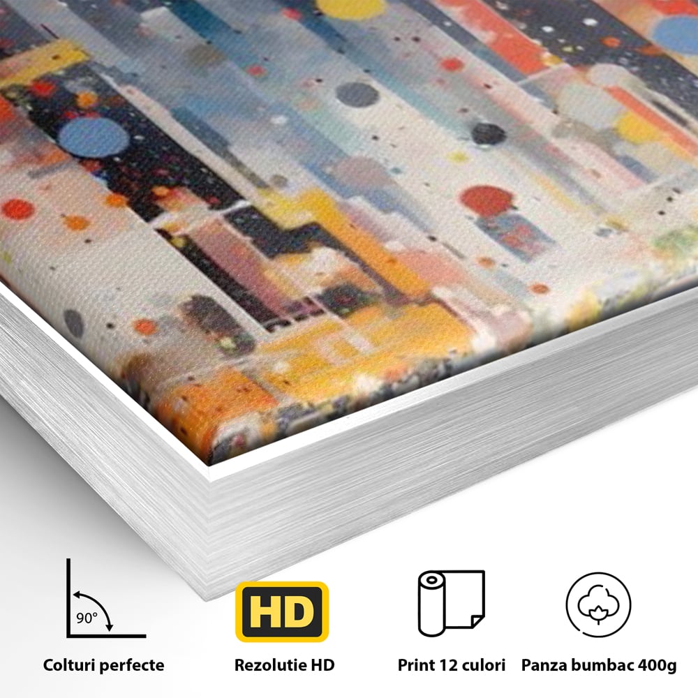Detaliu al suprafetei: pictura abstracta cu peisaj urban nocturn, in rama de aluminiu argintiu