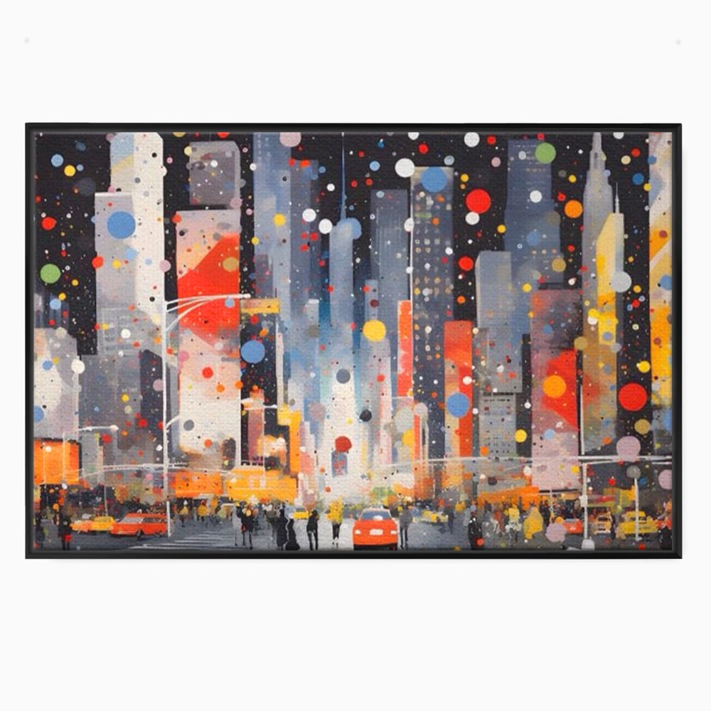 Tablou canvas cu pictura abstracta cu peisaj urban nocturn, in rama de aluminiu negru