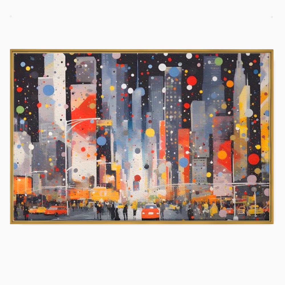 Tablou canvas cu pictura abstracta cu peisaj urban nocturn, in rama de aluminiu auriu