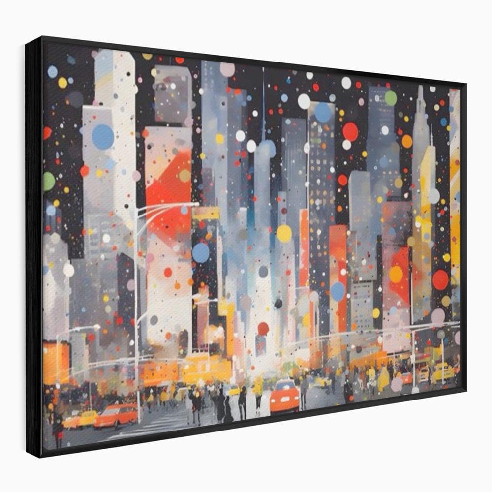 Tablou canvas cu pictura abstracta cu peisaj urban nocturn, in rama de aluminiu negru