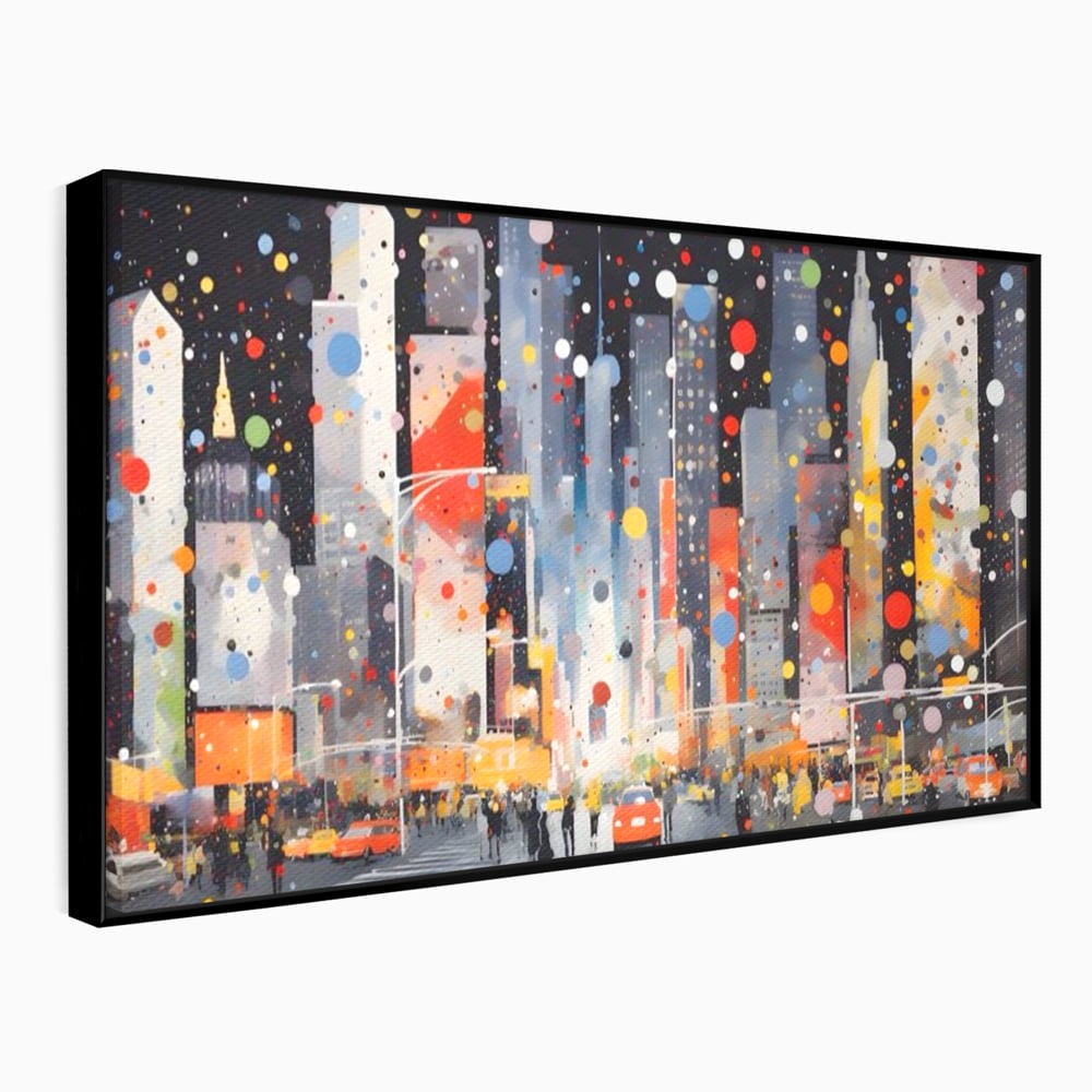 Tablou canvas cu pictura abstracta cu peisaj urban nocturn, in rama de aluminiu negru
