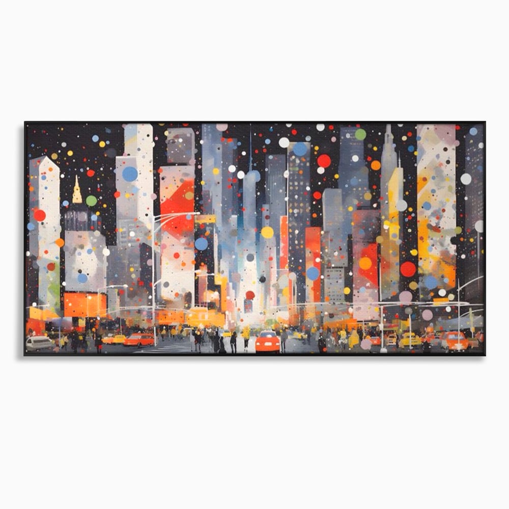 Tablou canvas cu pictura abstracta cu peisaj urban nocturn, in rama de aluminiu negru