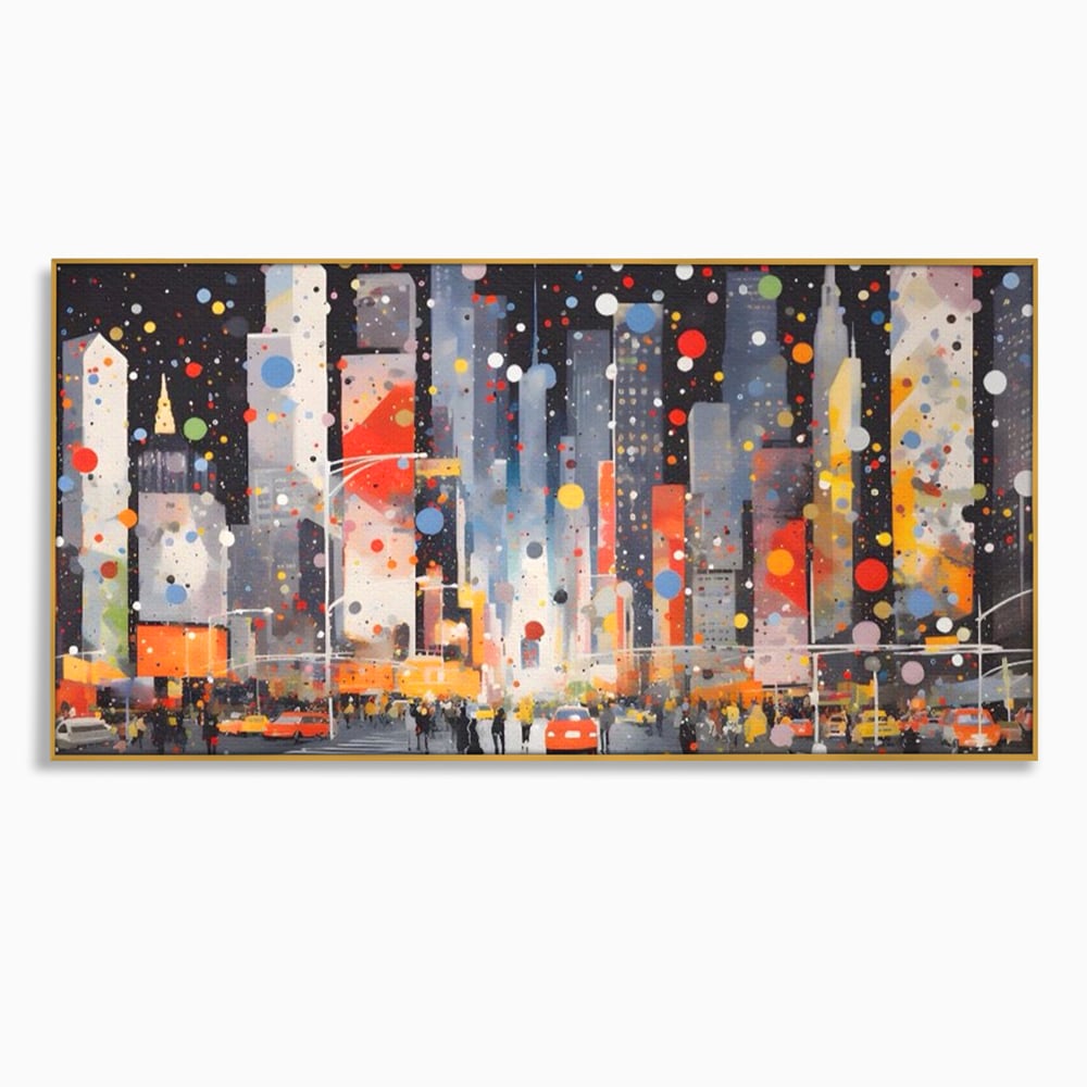 Tablou canvas cu pictura abstracta cu peisaj urban nocturn, in rama de aluminiu auriu