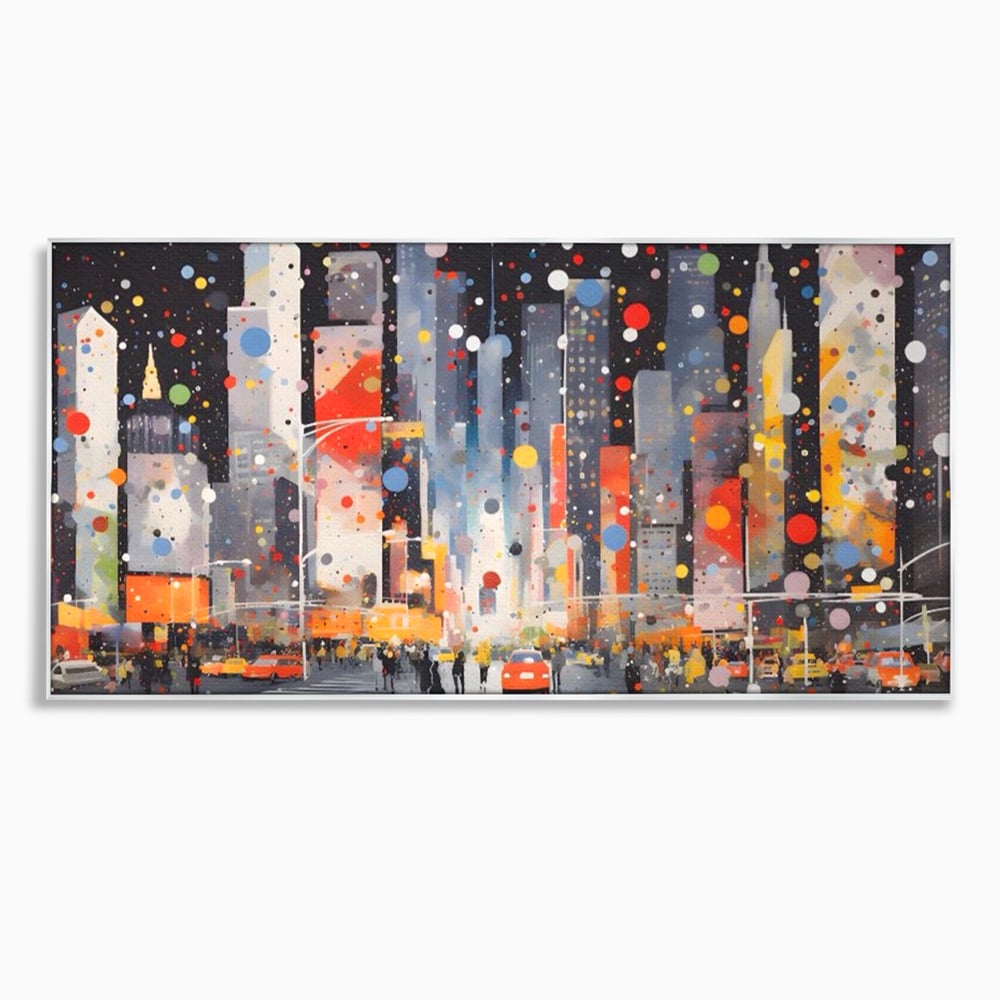 Tablou canvas cu pictura abstracta cu peisaj urban nocturn, in rama de aluminiu argintiu