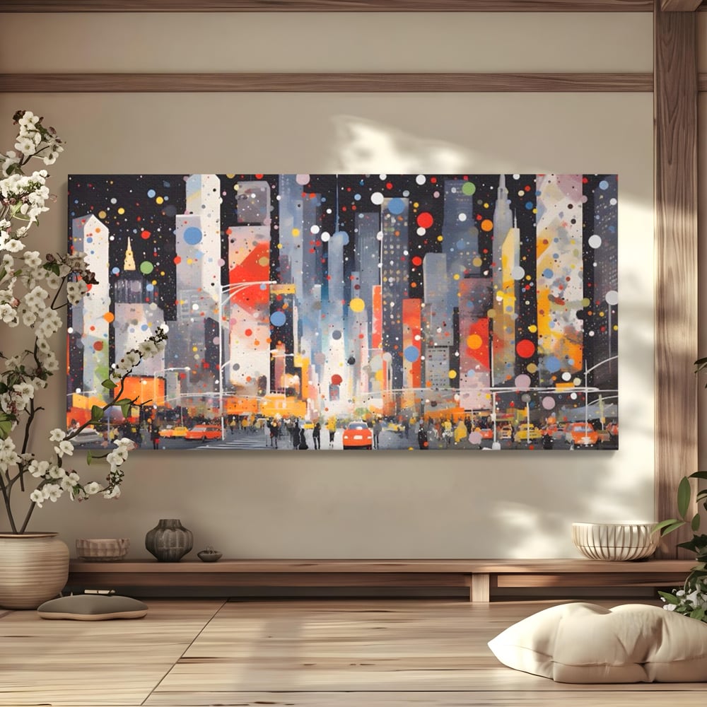 Tablou canvas cu pictura abstracta cu peisaj urban nocturn, fara rama, pe sasiu de lemn