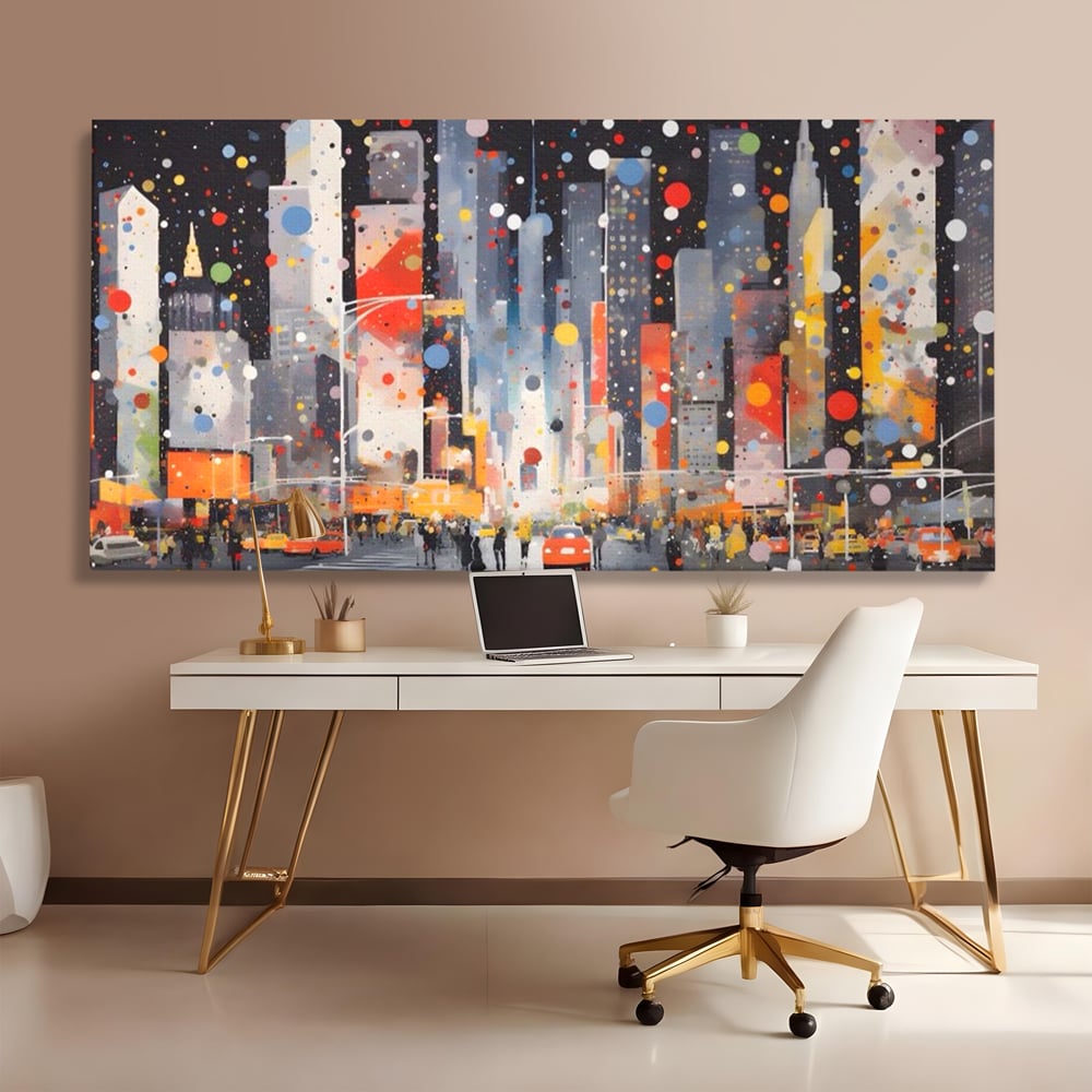 Tablou canvas cu pictura abstracta cu peisaj urban nocturn, fara rama, pe sasiu de lemn, pe perete intr-un birou