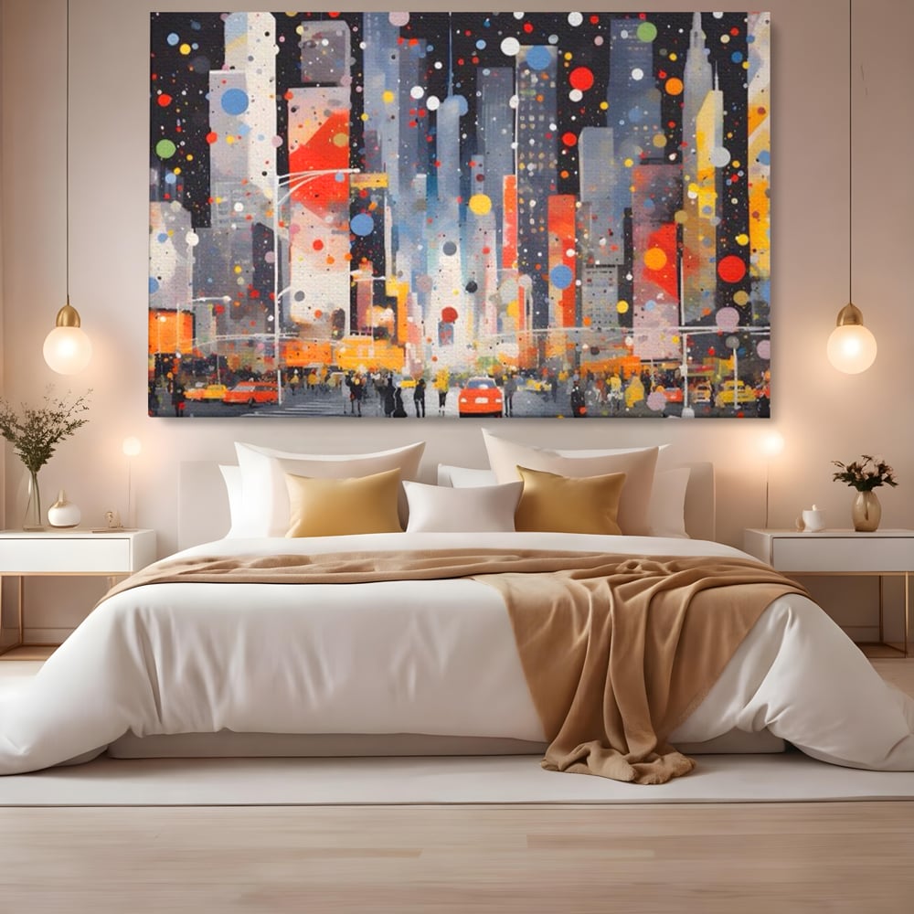 Tablou canvas cu pictura abstracta cu peisaj urban nocturn, fara rama, pe sasiu de lemn, pe perete intr-un dormitor